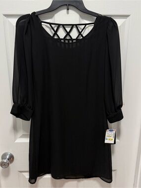 Black Long-Sleeve Chiffon Shift Dress with Lattice Back